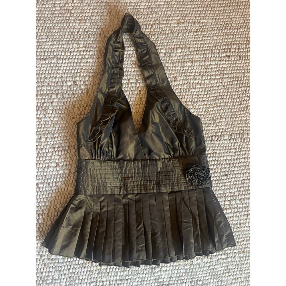 Bebe Y2K Halter Top Shiny Olive Satin Pleated Peplum Rosette Ruffle Coquette S - Picture 2 of 7